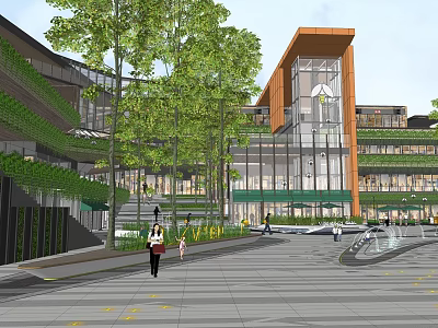 Modern Commercial Complex With Glass Facades Greenery And Open Plaza For Pedestrians 3d model