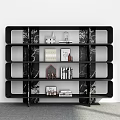 Modern Black Shelving Unit with Marble Backdrop for Displaying Books and Decorative Items 3d model