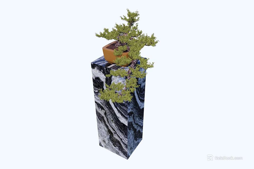 Indoor Decorative Bonsai Plant With Lush Green Foliage On Marble Pedestal 3d model 