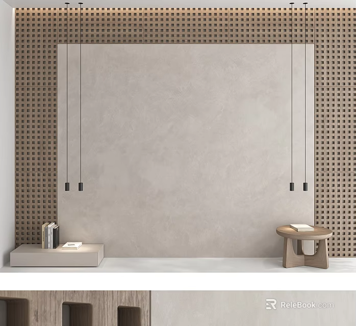 Minimalist Gray Sofa Background Wall With Wooden Accents And Hanging Pendant Lights 3d model 