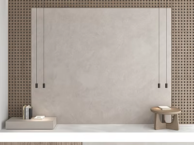 Minimalist Gray Sofa Background Wall With Wooden Accents And Hanging Pendant Lights 3d model