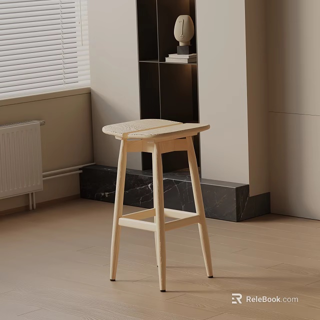 Minimalist Light Wooden Bar Stool In Modern Interior With Marble Accents And Window 3d model 