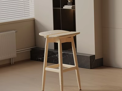 Minimalist Light Wooden Bar Stool In Modern Interior With Marble Accents And Window 3d model