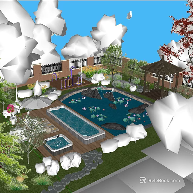 Serene Garden Landscape With Swimming Pool Pond Lotus Pavilion And Lounge Chairs 3d model 