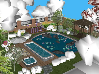 Serene Garden Landscape With Swimming Pool Pond Lotus Pavilion And Lounge Chairs 3d model