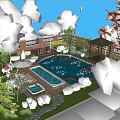 Serene Garden Landscape With Swimming Pool Pond Lotus Pavilion And Lounge Chairs