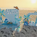 Summer Beach Photo Check-in Spot With Striped Backdrop Palm Trees Surfboards And Beach Chairs