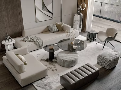 Modern Beige Sofa And Coffee Table Set With Round Ottoman And Rug Near Floor To Ceiling Window 3d model