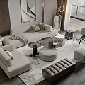 Modern Beige Sofa And Coffee Table Set With Round Ottoman And Rug Near Floor To Ceiling Window