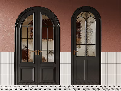 Black Arched Doors With Glass Panels On Terracotta Wall And White Tile Base 3d model