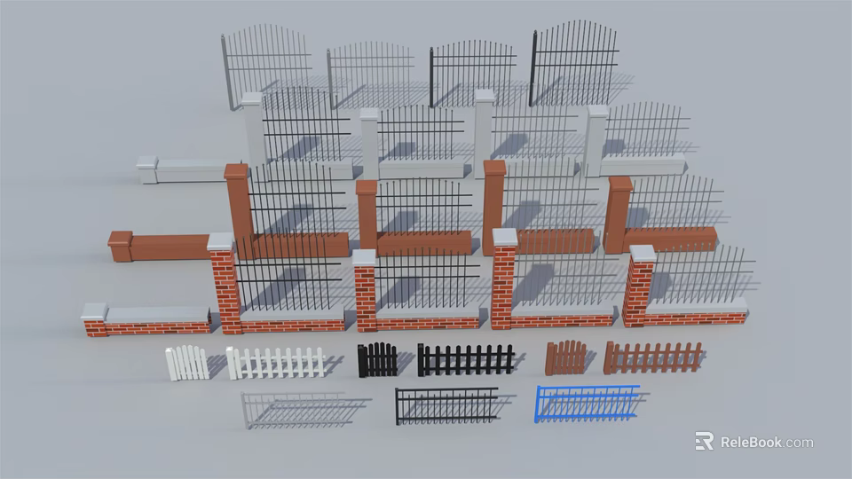 Various Fence Designs Featuring Iron Wooden Styles and Brick Pillar Structures 3d model