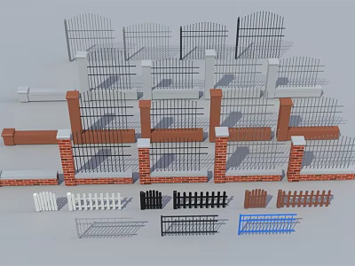 Various Fence Designs Featuring Iron Wooden Styles and Brick Pillar Structures 3d model