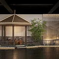 Oriental Themed Interior Space With Wooden Lattice Mountain Lighting And Rockery