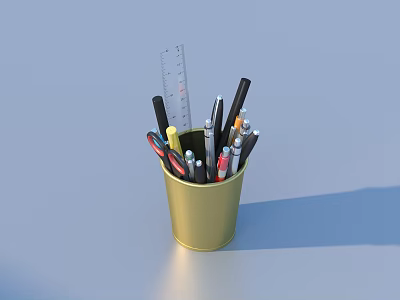 Golden Pen Holder With Various Stationery Ruler And Different Colored Pens On Light Blue Background 3d model
