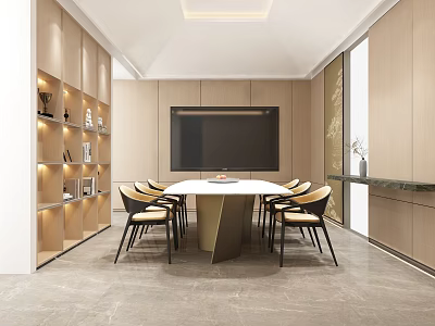 Modern Conference Room Interior With Round Table Upholstered Chairs And Large Screen 3d model