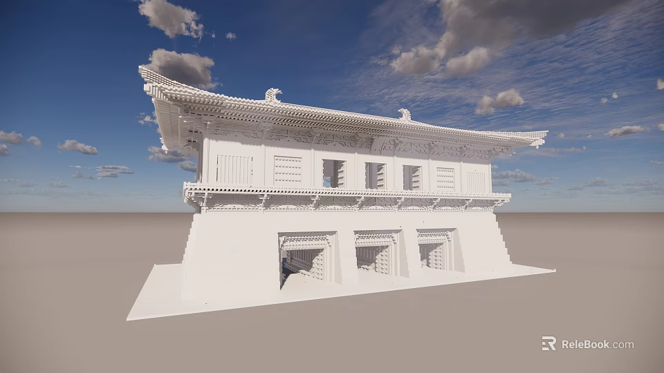 Ancient Architecture Traditional Roof Design White Exterior Decorative Eaves Windows Doors Under Blue Sky 3d model 