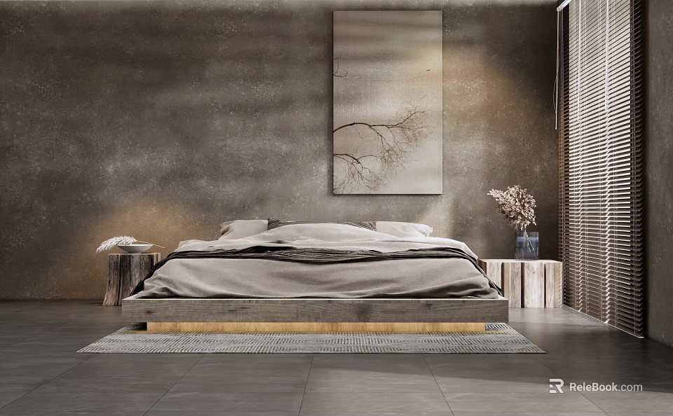 Modern Double Bed With Wooden Frame Light Bedding And Branch Art On Rough Wall 3d model 