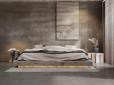 Modern Double Bed With Wooden Frame Light Bedding And Branch Art On Rough Wall 3d model