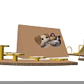 Playful Scene With Two Cats Peeking Heads From Brown Board And Yellow Structures