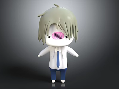 Cartoon Character With Light Gray Hair Pink Facial Stripes White Shirt Blue Tie Blue Pants 3d model