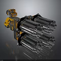 Heavy Duty Multiple Barrel Weapon with Yellow Control Unit and Silver Barrels Mechanical Design