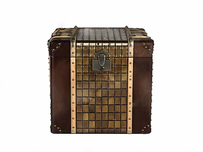 Vintage Brown Leather Trunk With Metal Grid Design And Lock Clasp 3d model