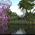Scenic Park Landscape With Purple Metal Sculpture Green Trees And Pond Reflection Blue Sky