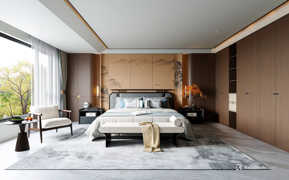 Modern Bedroom Interior With King Size Bed Wooden Nightstands And Area Rug 3d model 