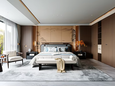 Modern Bedroom Interior With King Size Bed Wooden Nightstands And Area Rug 3d model