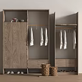 Wooden Wardrobe with Hanging Rod Clothes Drawers Shoe Storage Woven Baskets