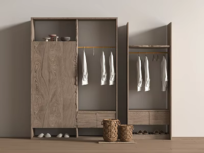 Wooden Wardrobe with Hanging Rod Clothes Drawers Shoe Storage Woven Baskets 3d model