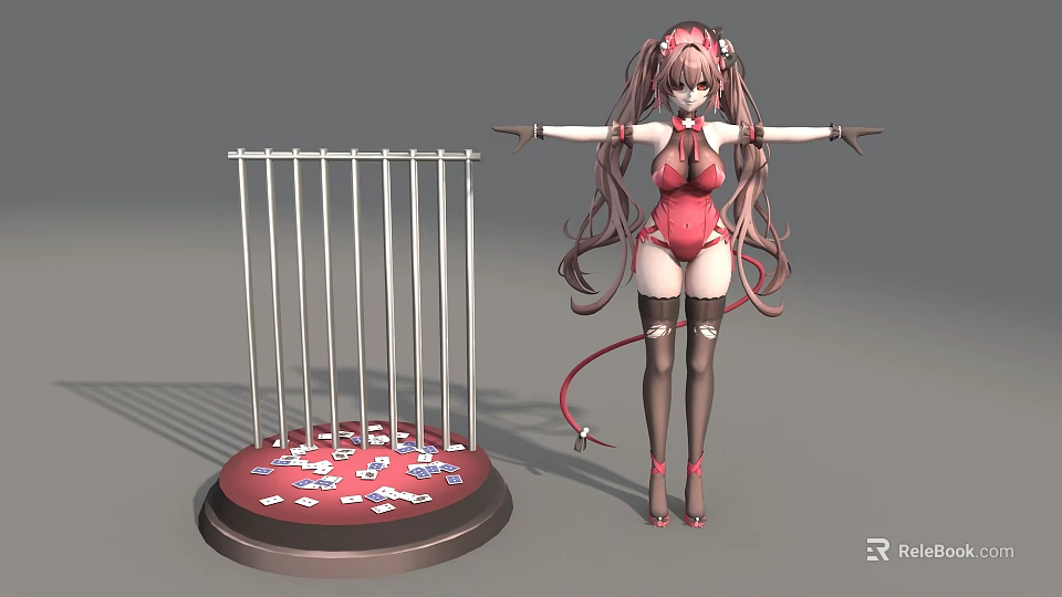 Anime Game Character With Pink Twin Tails Red Bodysuit Black Thigh High Socks And Metal Cage 3d model 