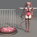 Anime Game Character With Pink Twin Tails Red Bodysuit Black Thigh High Socks And Metal Cage