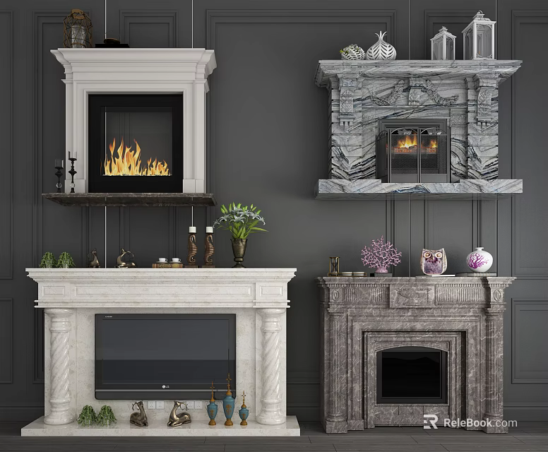 Various Designed Fireplaces With Marble Stone Finishes And Decorative Vases Candles Green Plants 3d model 