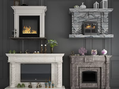 Various Designed Fireplaces With Marble Stone Finishes And Decorative Vases Candles Green Plants 3d model