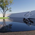 Outdoor Modern Metal Sculpture With Circular Rings Reflecting In Pool By White Wall