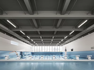 Modern Indoor Swimming Pool With Diving Platforms Large Windows Ceiling Lights And Exposed Beams 3d model