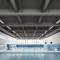Modern Indoor Swimming Pool With Diving Platforms Large Windows Ceiling Lights And Exposed Beams