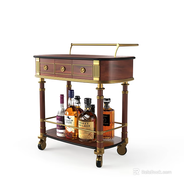 Elegant Wooden Side Table With Gold Metal Accents Drawers Wheels And Liquor Shelf 3d model 