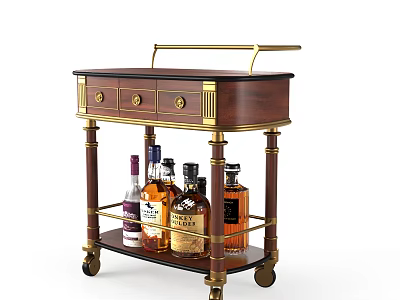 Elegant Wooden Side Table With Gold Metal Accents Drawers Wheels And Liquor Shelf 3d model