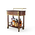Elegant Wooden Side Table With Gold Metal Accents Drawers Wheels And Liquor Shelf