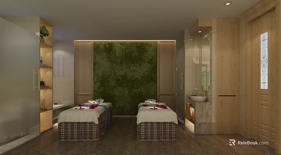 Luxurious SPA Sauna Room with Two Massage Beds Green Accent Wall and Wooden Decor 3d model 