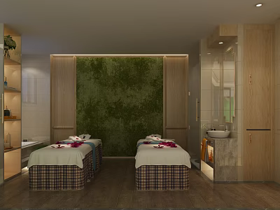 Luxurious SPA Sauna Room with Two Massage Beds Green Accent Wall and Wooden Decor 3d model