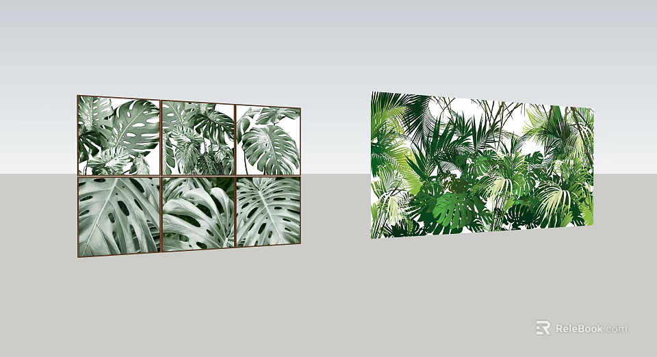 Tropical Plant Leaves Wall Art With Grid Design And Large Panel For Home Decor 3d model 
