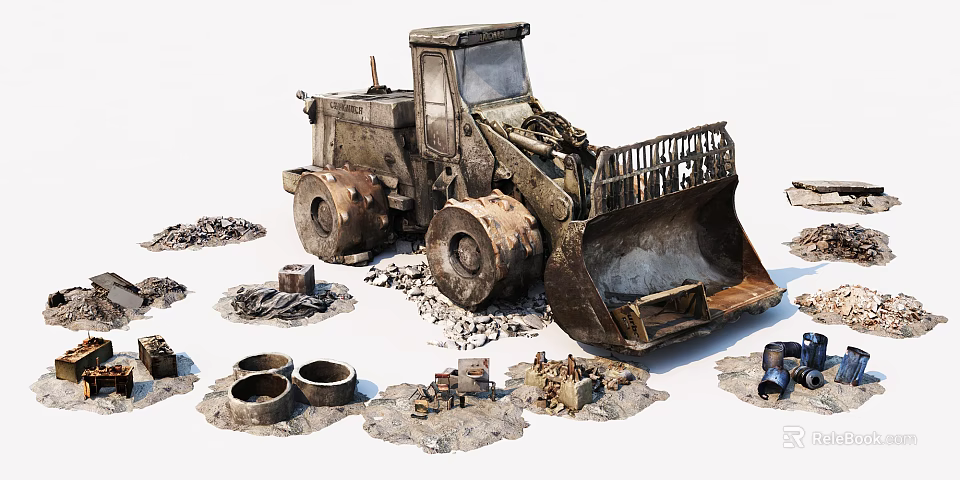 Worn Construction Loader With Rubble Pipes And Tools On Site 3d model