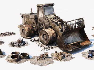 Worn Construction Loader With Rubble Pipes And Tools On Site 3d model