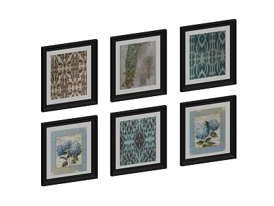 Set of Six Framed Wall Art with Floral and Geometric Patterns in Black Frames 3d model
