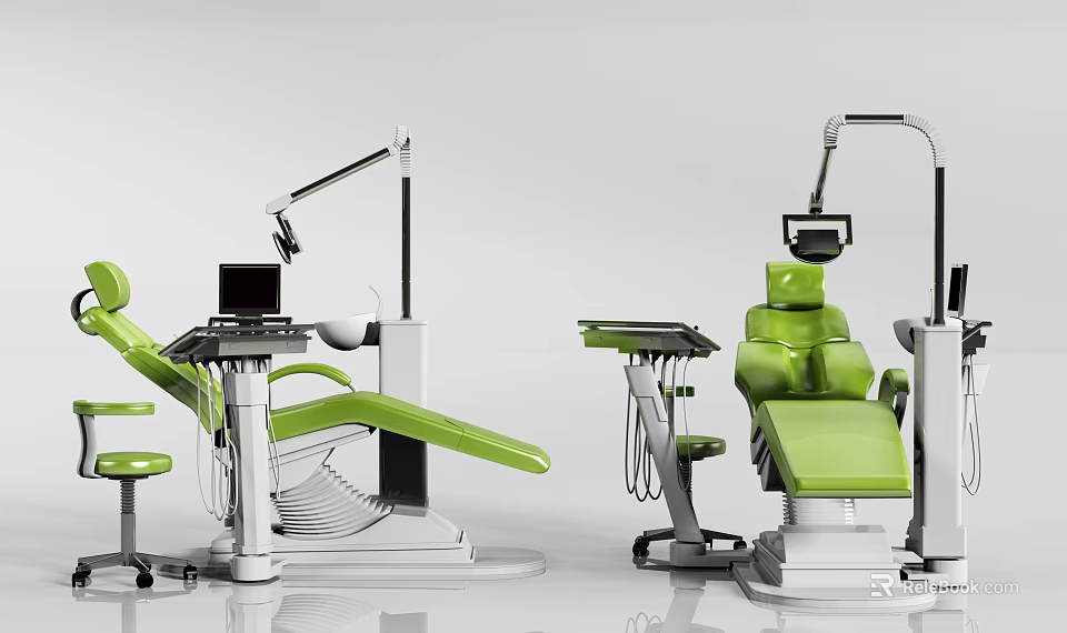 Modern Dental Medical Equipment Featuring Green Dental Chairs Treatment Lights and Console 3d model 