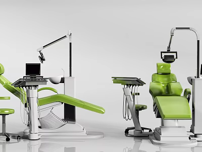 Modern Dental Medical Equipment Featuring Green Dental Chairs Treatment Lights and Console 3d model