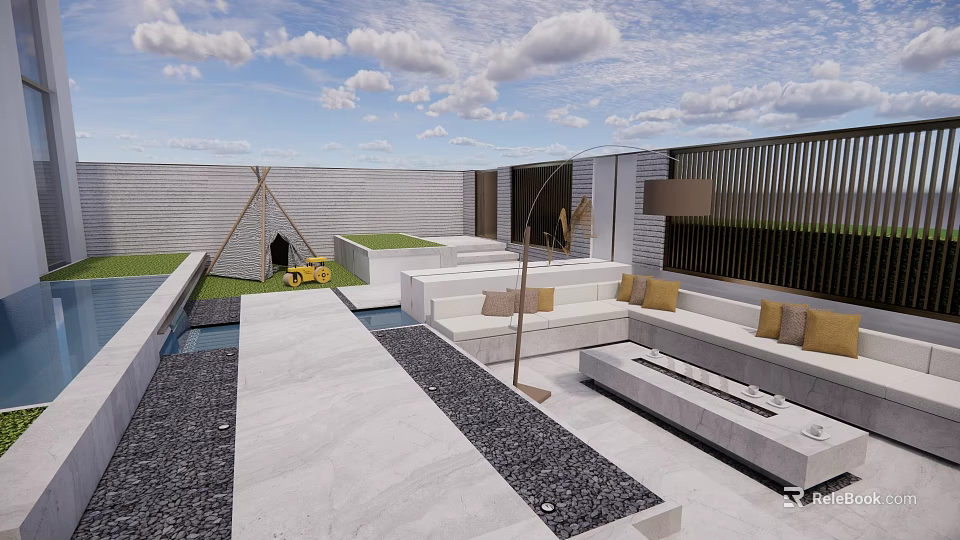 Modern Patio Garden Outdoor Seating Area With White Sofa Fire Pit And Stone Floor 3d model 